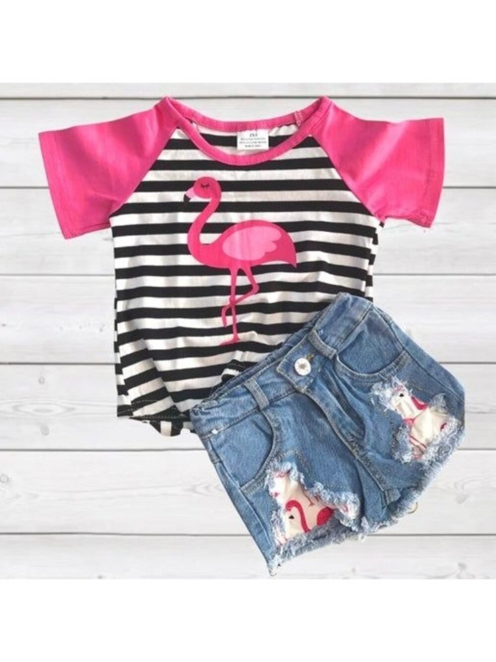 Black & White Flamingo Striped Top & Denim Shorts Girls 2-Piece Set XS 18-24 Mon